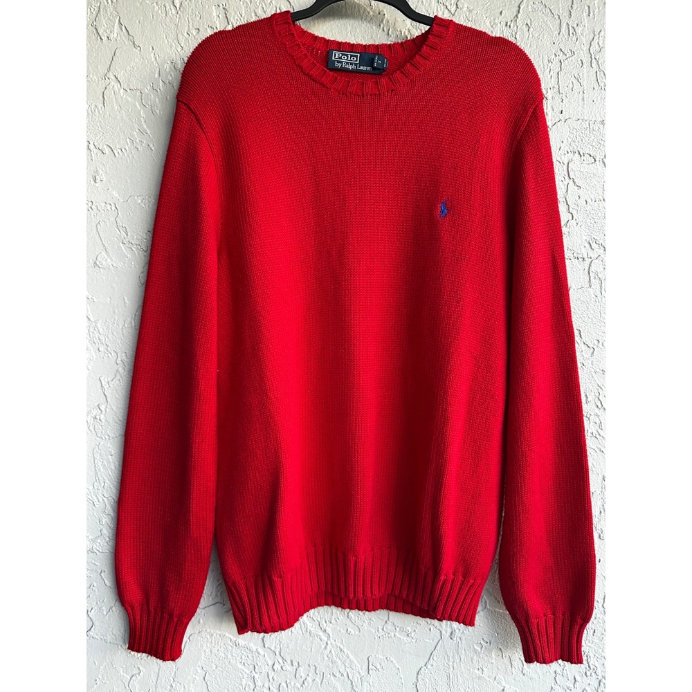 Polo Ralph Lauren Red Cotton Crewneck Knit Sweater Medium Blue Pony Logo Vtg Y2K